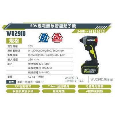 WORX威克士-20V鋰電智能起子機-WU291D